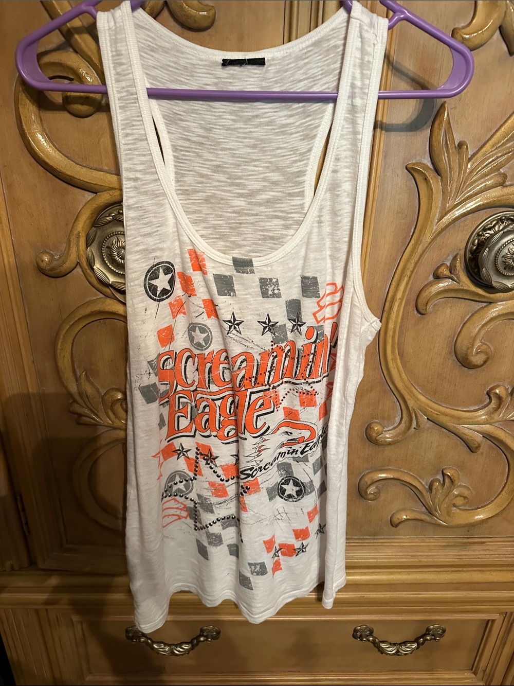 Harley-Davidson White Tank Top with Orange and Gray Graphics